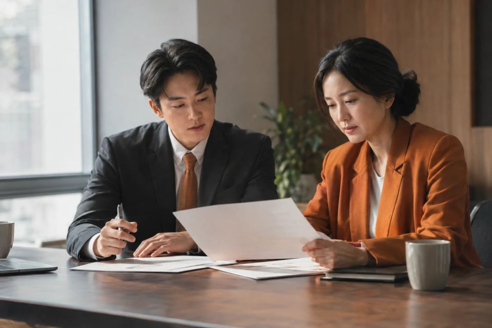 기업 자료를 함께 검토하는 컨설턴트와 대표