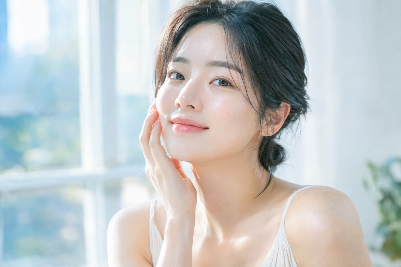 창가 빛 아래 맑은 피부를 가진 여성의 옆모습
