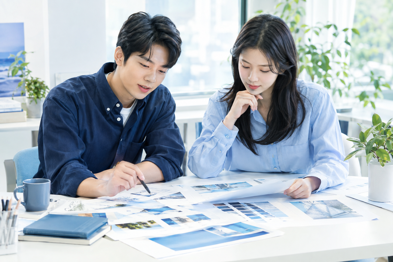 밝은 작업실에서 함께 설계안을 검토하는 두 사람