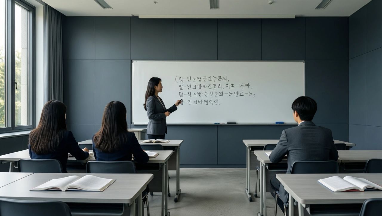 선생님이 칠판 앞에서 한국어 수업을 하는 모습