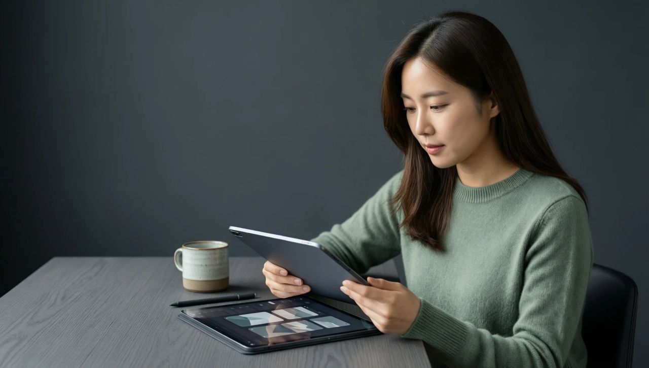 노트를 들고 미소 짓는 대표
