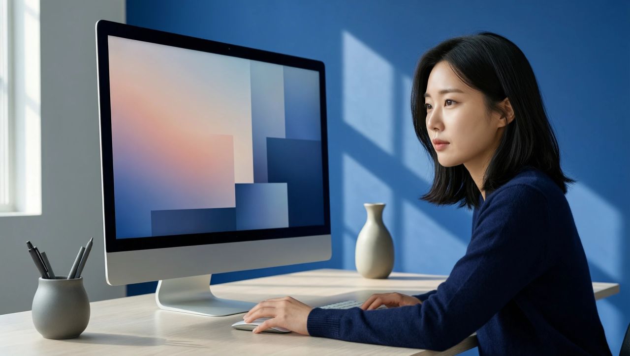 파란 벽 앞에서 이야기하는 개발 리더