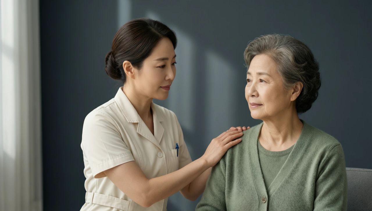 요양 현장에서 어르신의 어깨를 감싸 안고 있는 간호사